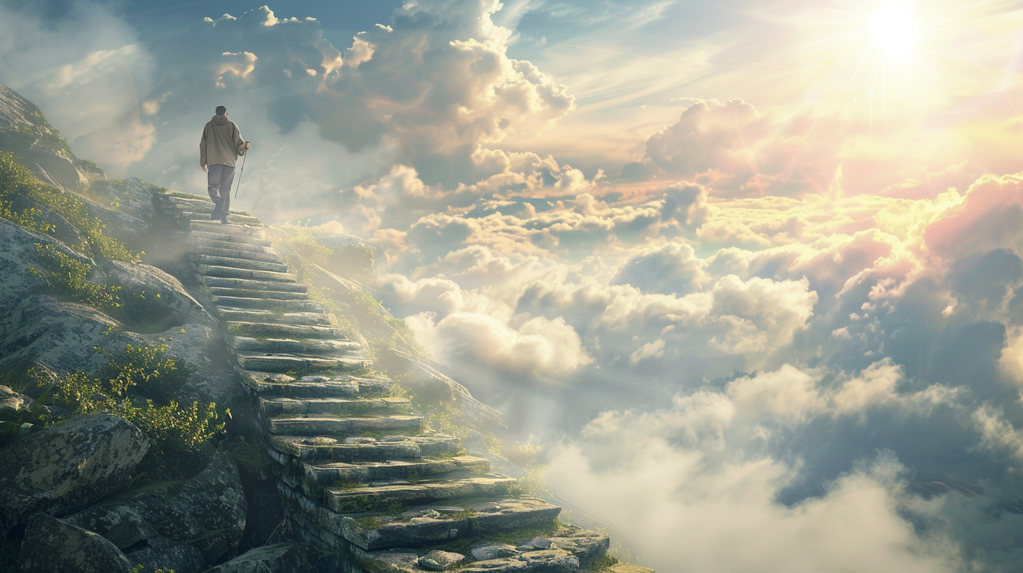 Man climbing endless stone steps in misty mountain landscape.