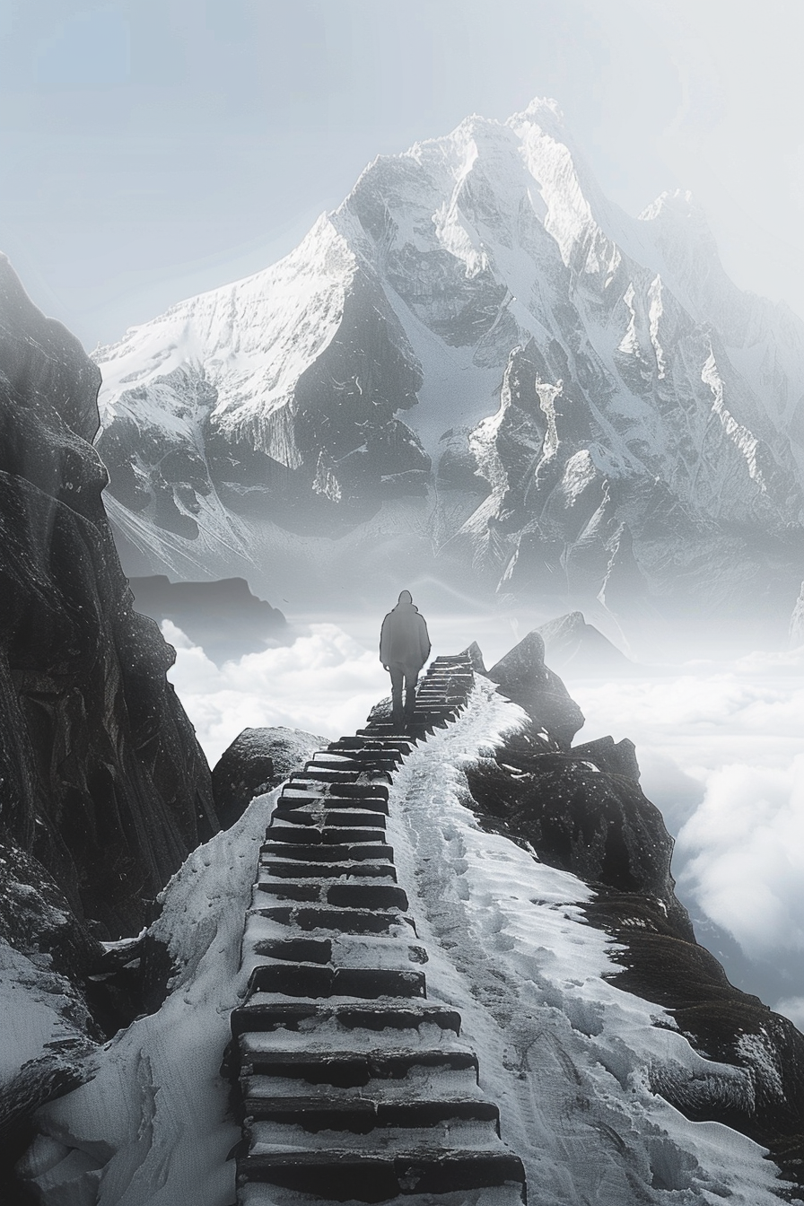 Man climbing snowy mountain staircase, misty distant goal hidden.