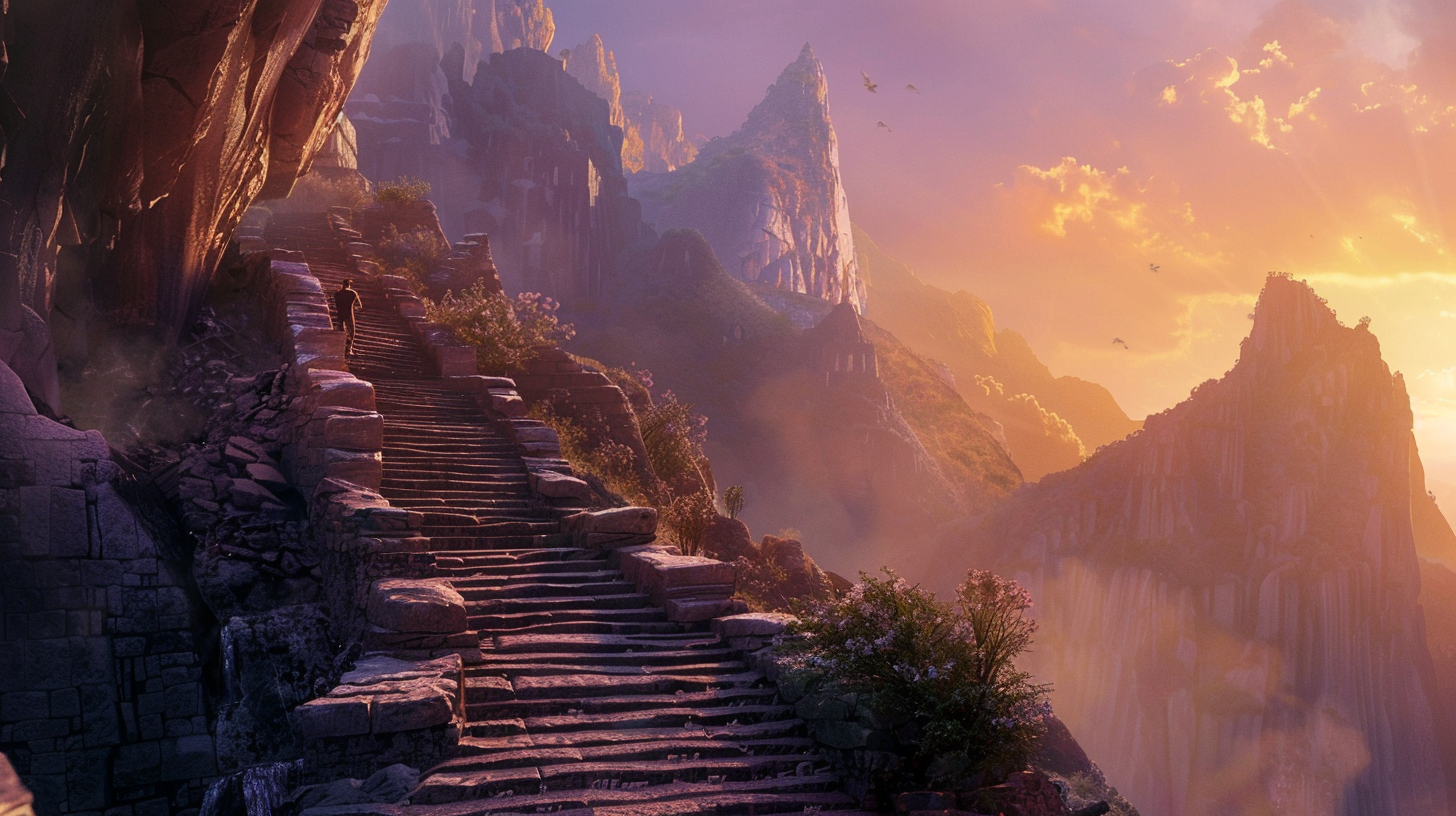 Man climbing stone staircase on mountain at sunset.