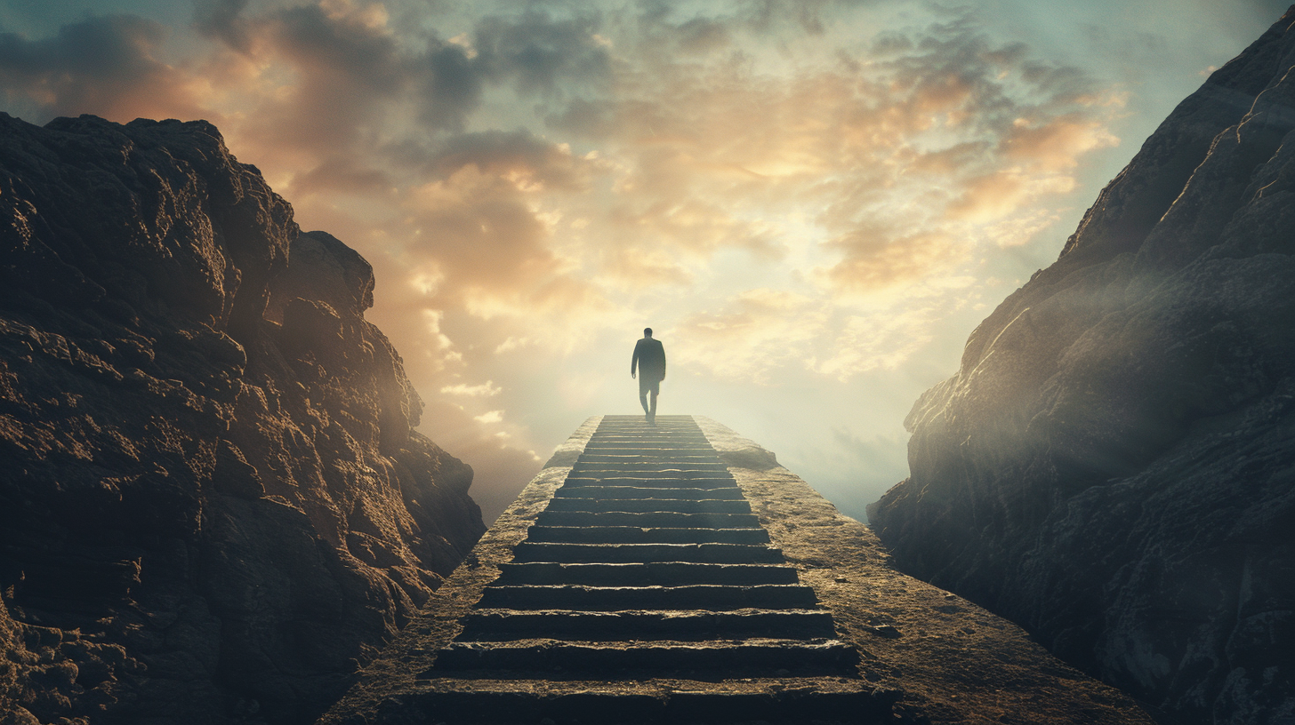 Man climbs steep mountain staircase, challenging terrain, harsh lighting.