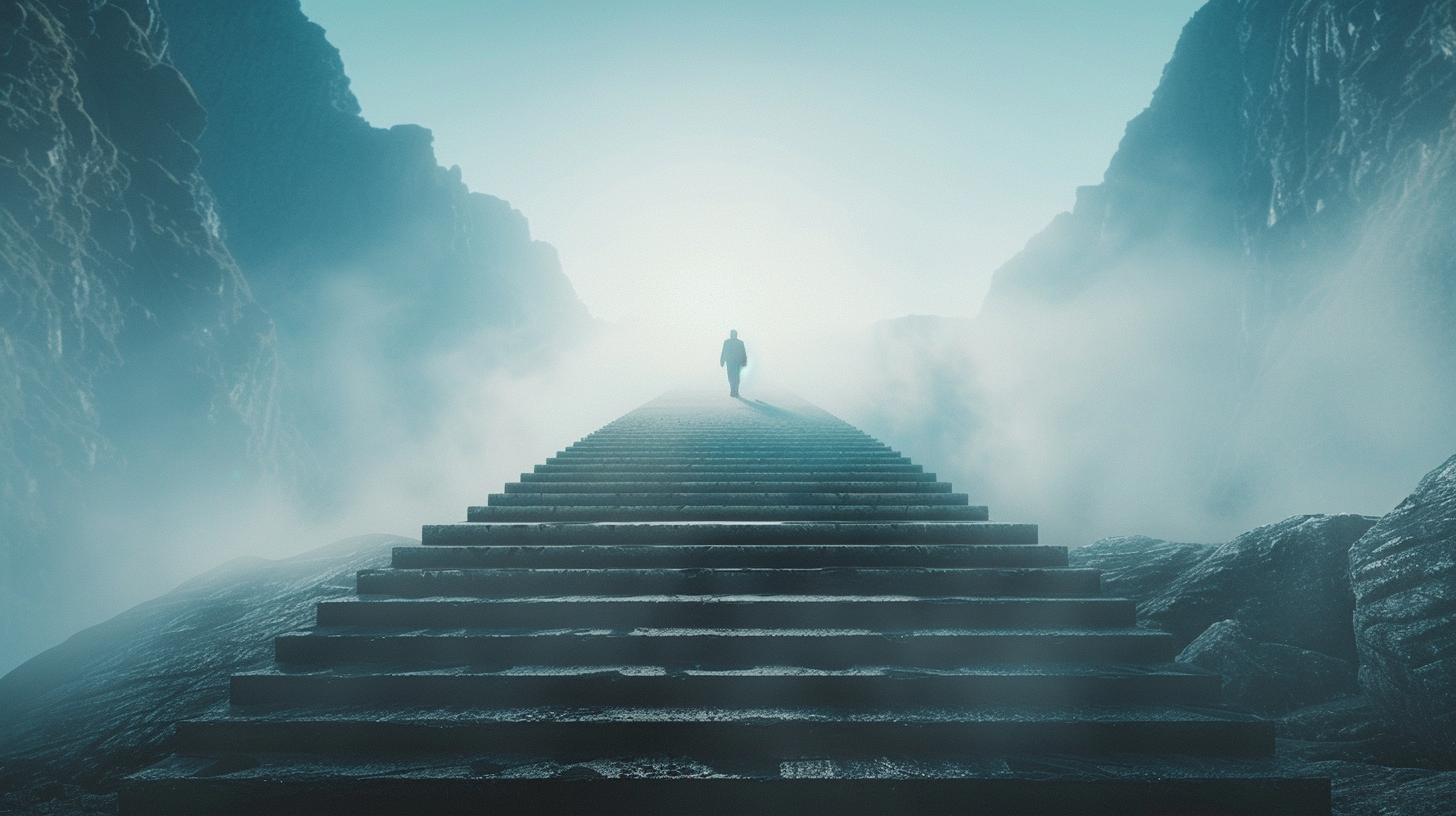 Man climbs stone steps with long shadows, misty sky.