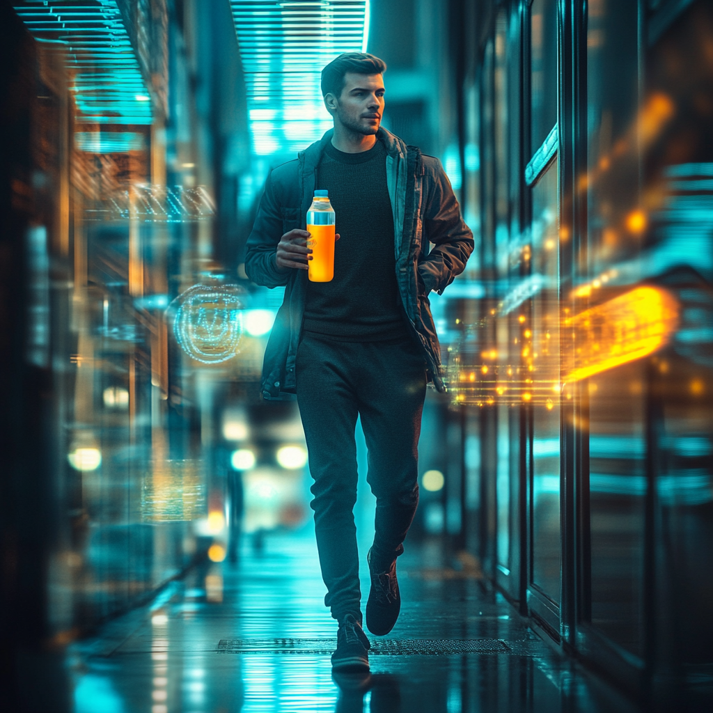 Man confidently walking in city with vibrant smoothie bottle.