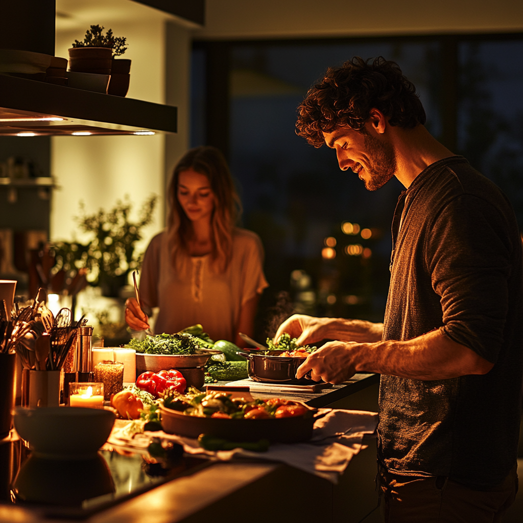 Man cooking in stylish kitchen with partner nearby.