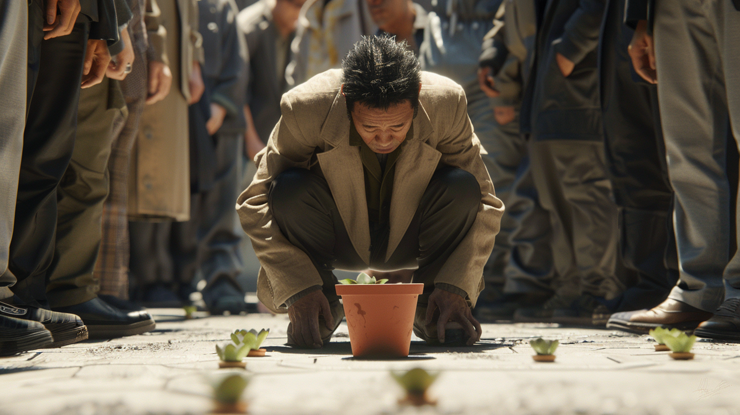 Man crouching, empty flower pot, people turning away.