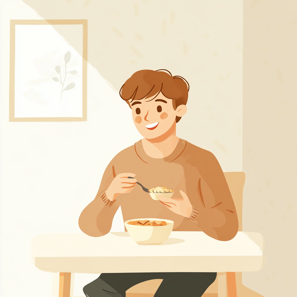 Man eating happily at table in cream-colored room.