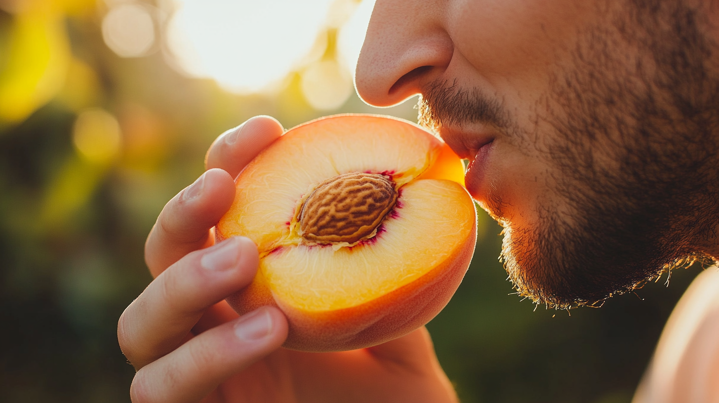 Man eating peach, pit visible, bright natural light.