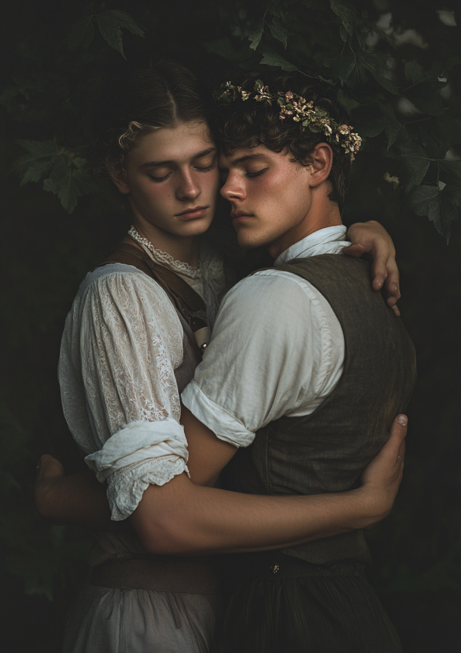 Man embraced by male lover near tree at dusk.