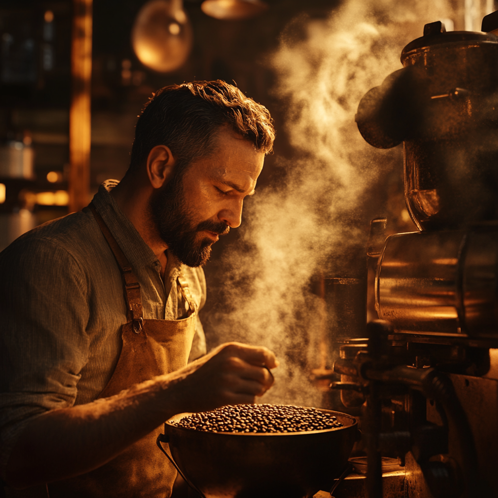 Man enjoys coffee roast, inhaling aroma, near roaster