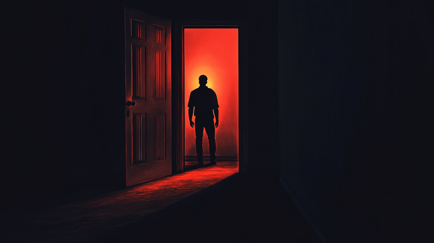 Man enters door into light within dark, red realism.