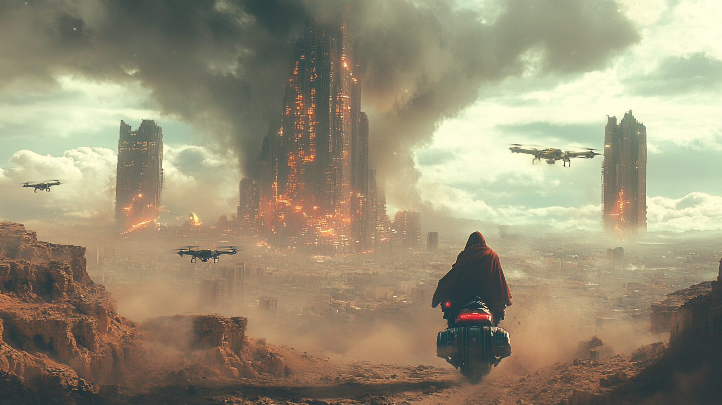 Man escaping on hoverbike chased by drones in wasteland.