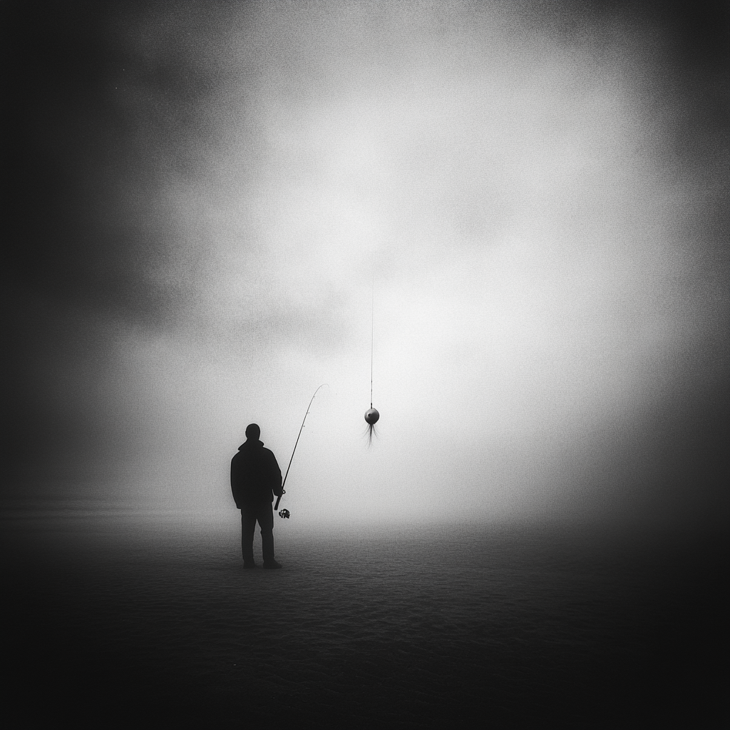 Man fishing on foggy morning beach