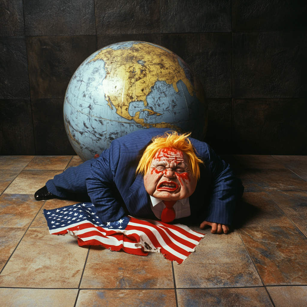 Man flattened by earth globe, American flag nearby.