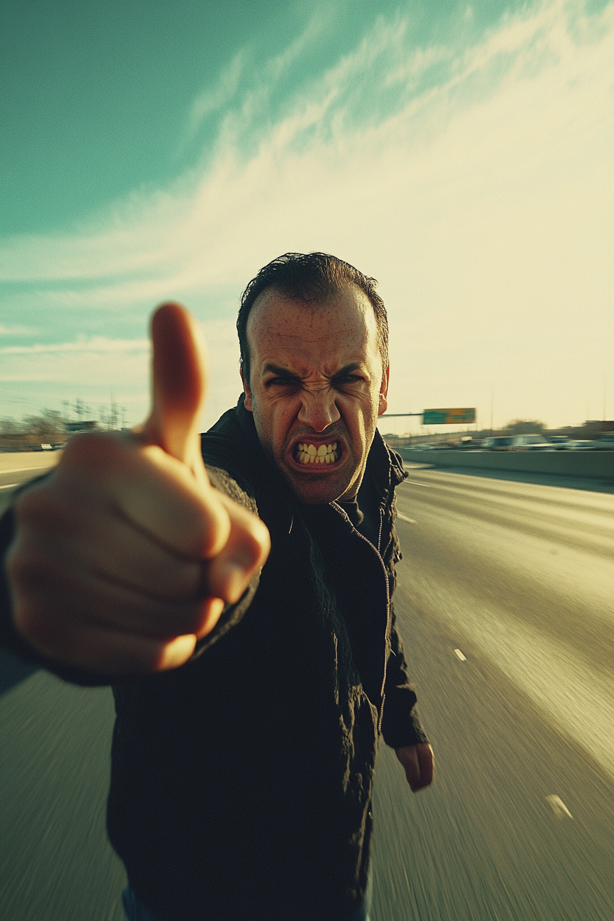 Man flips off camera on highway, realistic cinematography.