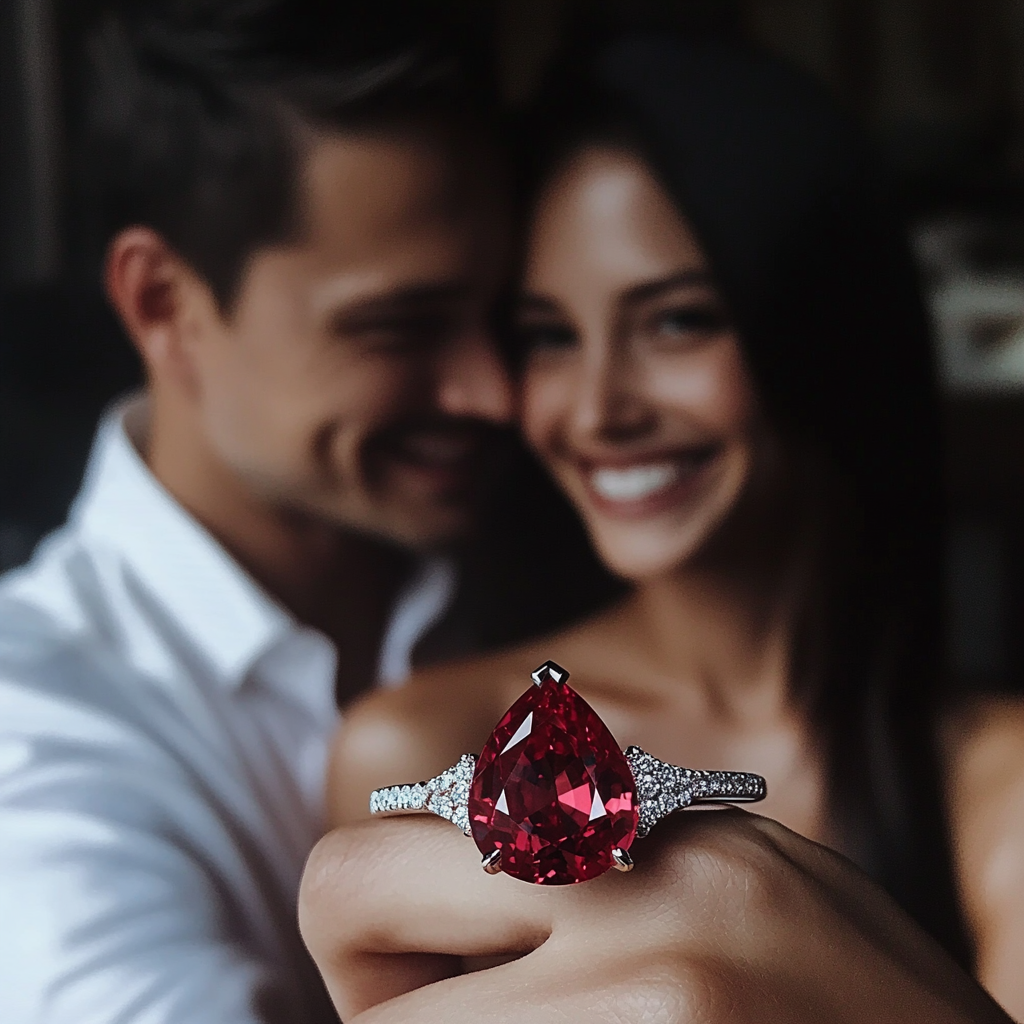 Man gives woman shiny red ruby ring