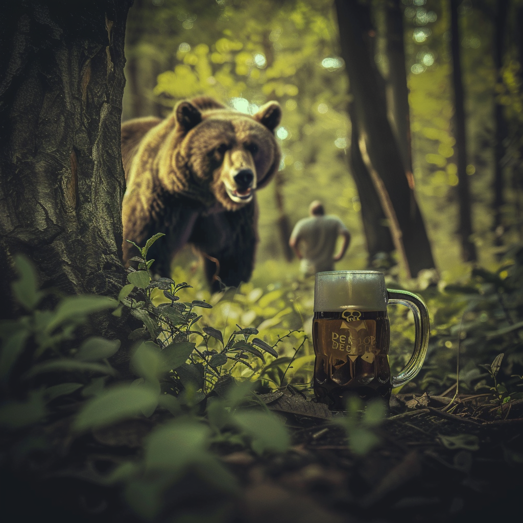 Man hiding behind bush, large bear, mug of beer.