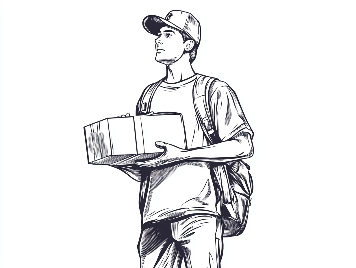 Man holding box and laptop in black white.