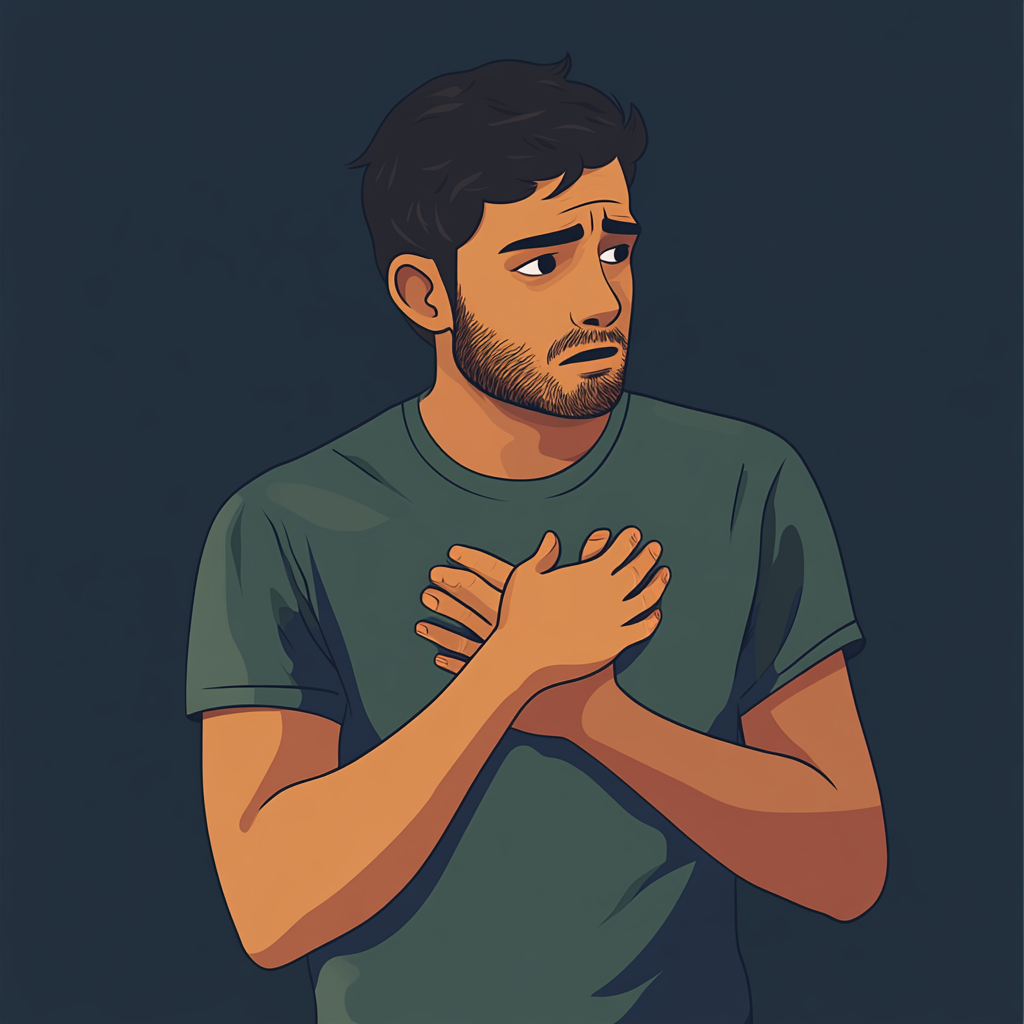 Man holding chest in discomfort, symbolizing Regurgitation. Green and navy.