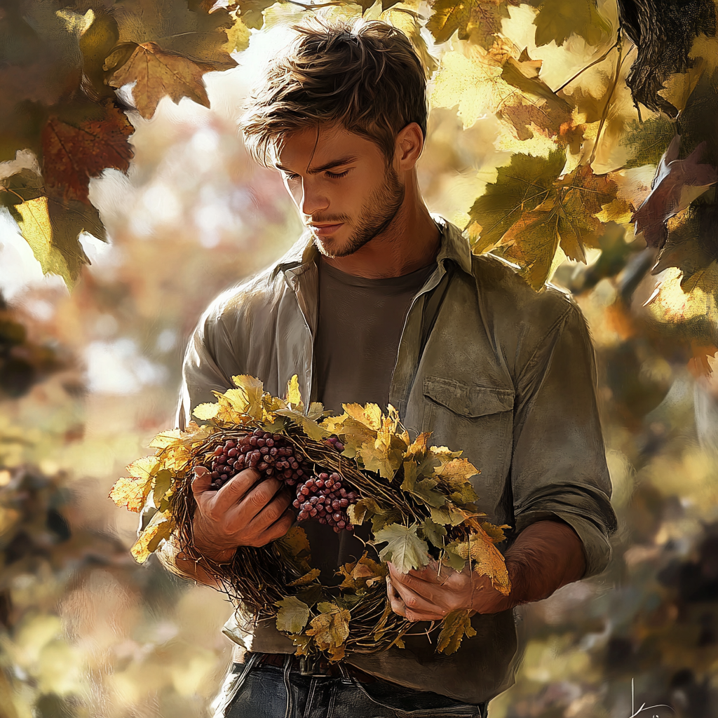 Man holds grapevine wreath outdoors in the fall.