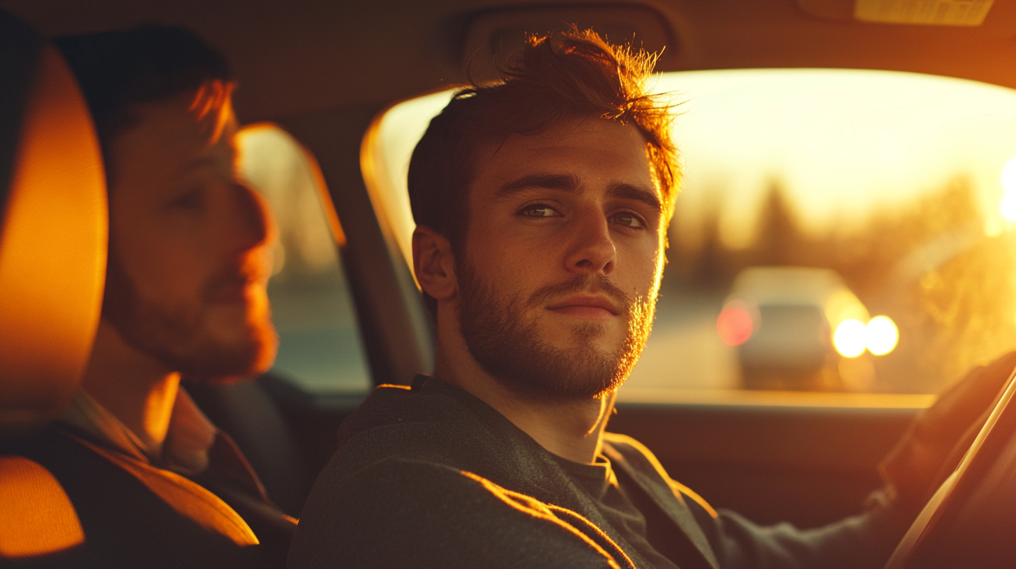 Man in 20s and instructor in driving school car.