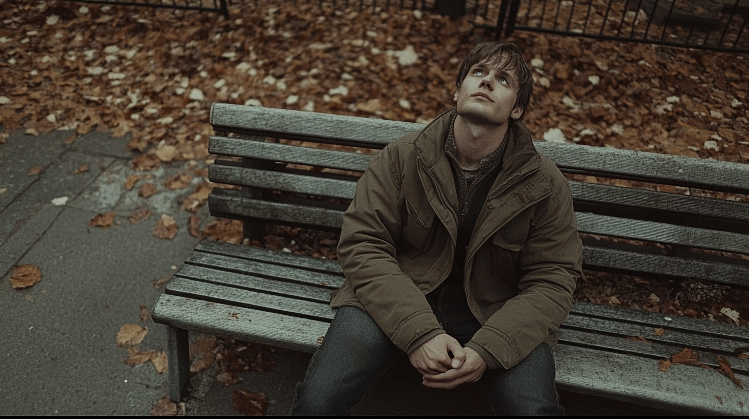 Man in 30s in park bench, Estonia 90s.