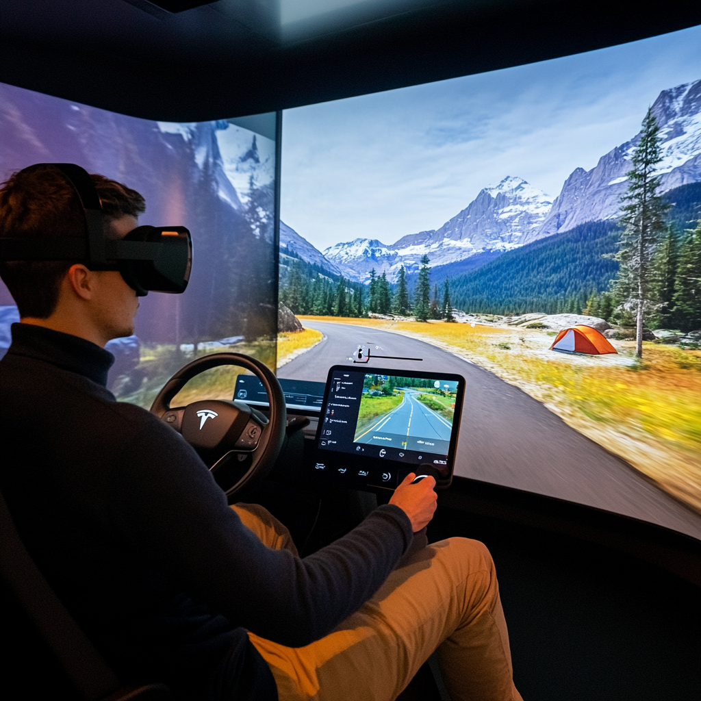 Man in AR device drives autonomous car showroom