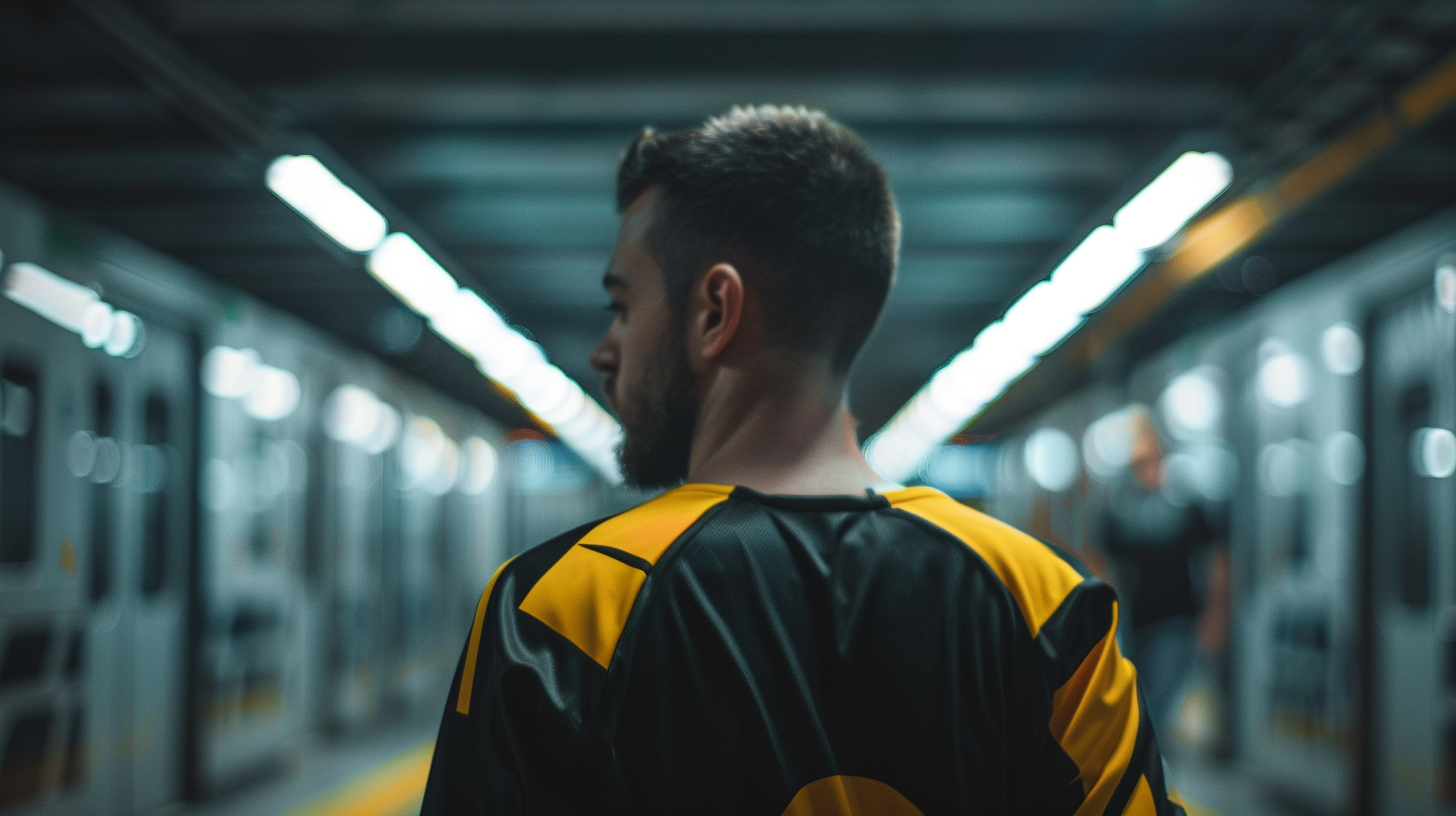 Man in Black and Yellow Soccer Jersey in Metro Corridor