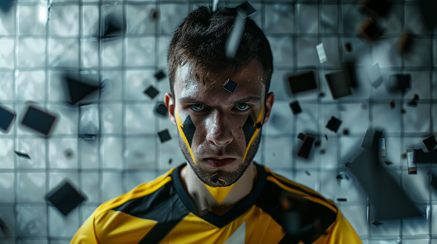 Man in Black and Yellow Soccer Jersey on Gray Tiles