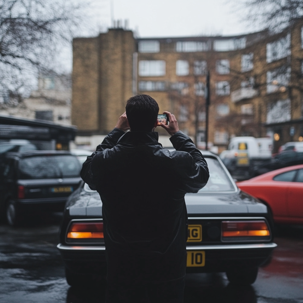 Man in London parking lot takes car plate photo.