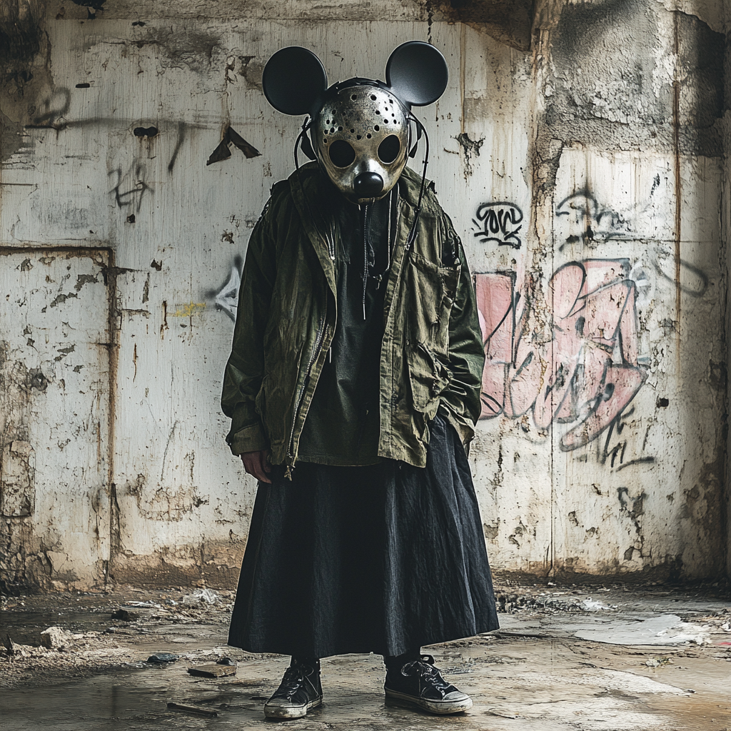 Man in Mickey Mask with Green Jacket on Rainy Day.