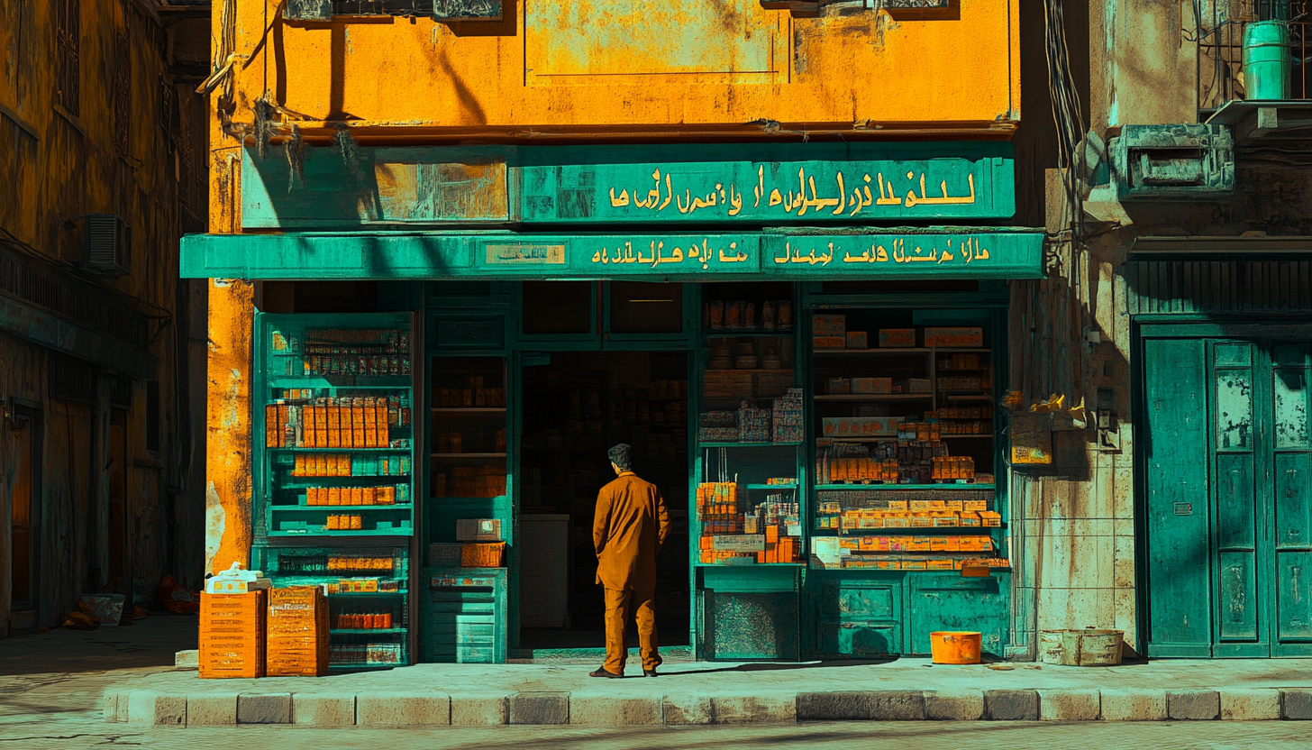 Man in Middle Eastern Setting, Storefront, Movie Aesthetics