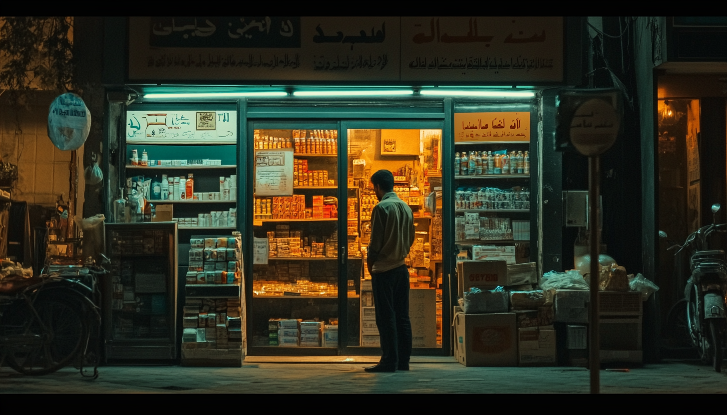 Man in Middle Eastern Store Setting, Cinematic Lighting