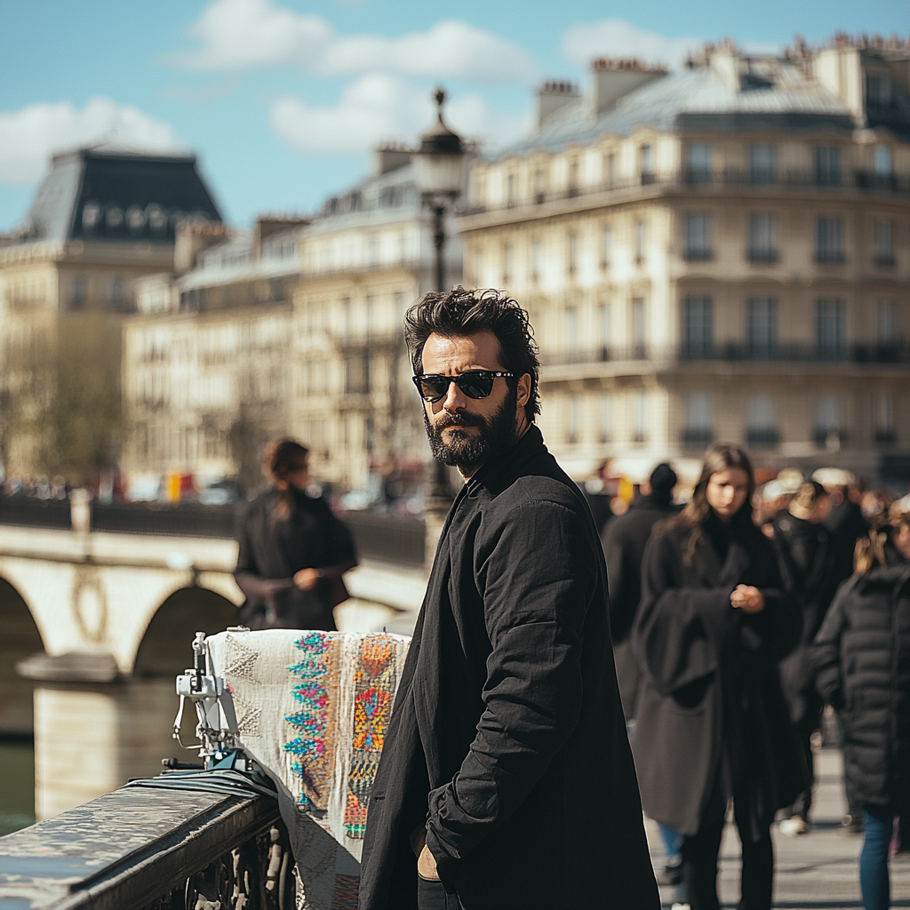 Man in Paris on bridge doing embroidery show.