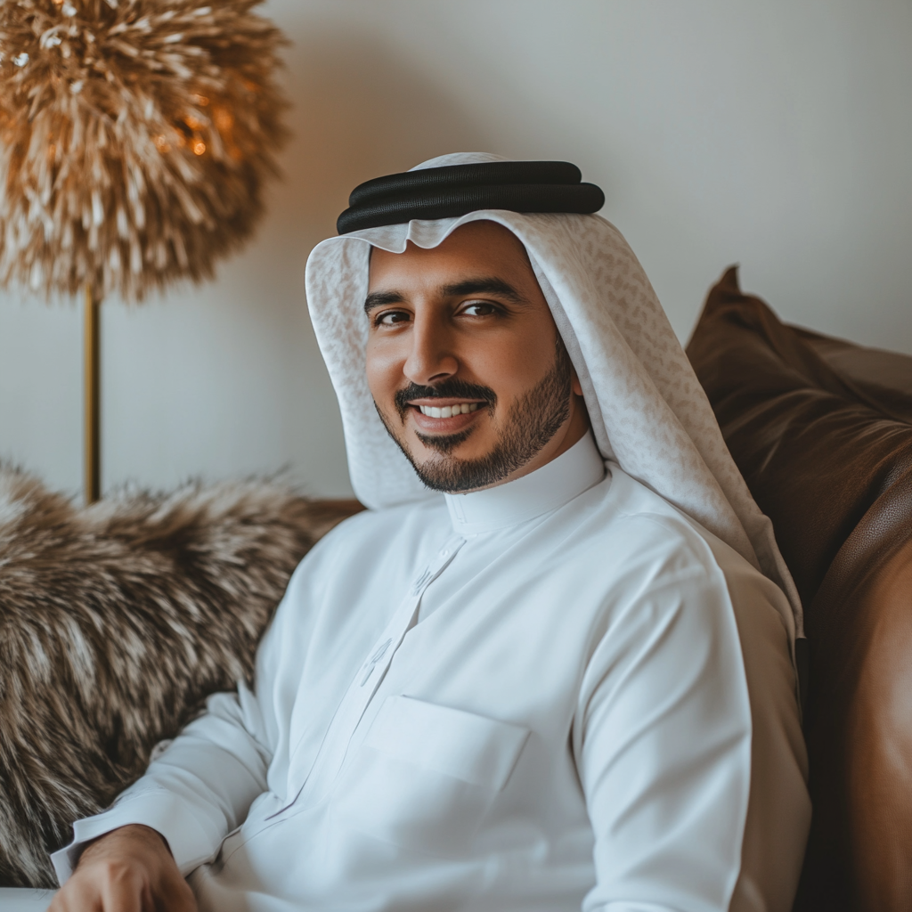 Man in Saudi attire seated on leather sofa smiling.