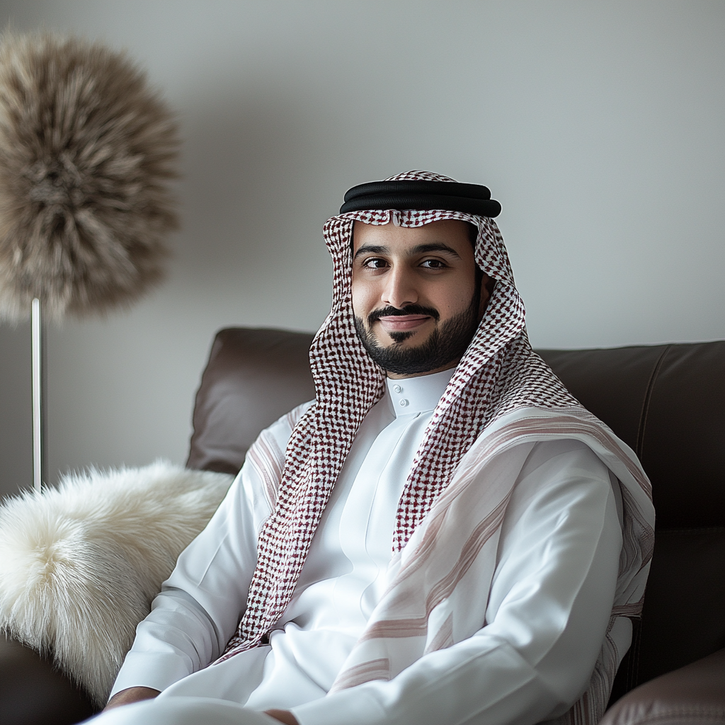 Man in Saudi attire smiling on brown leather sofa.