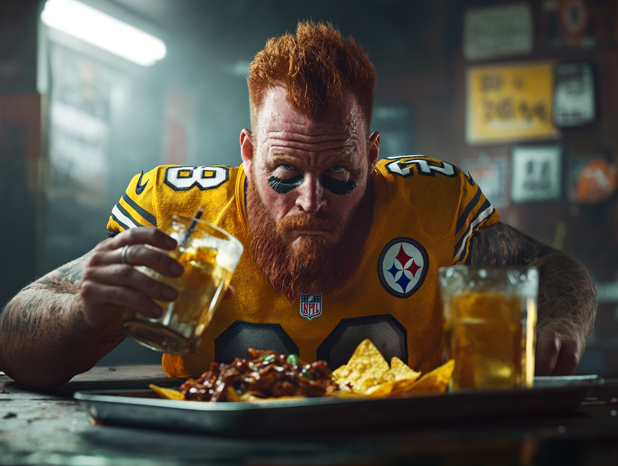 Man in Steelers jersey with beard eating nachos angrily.