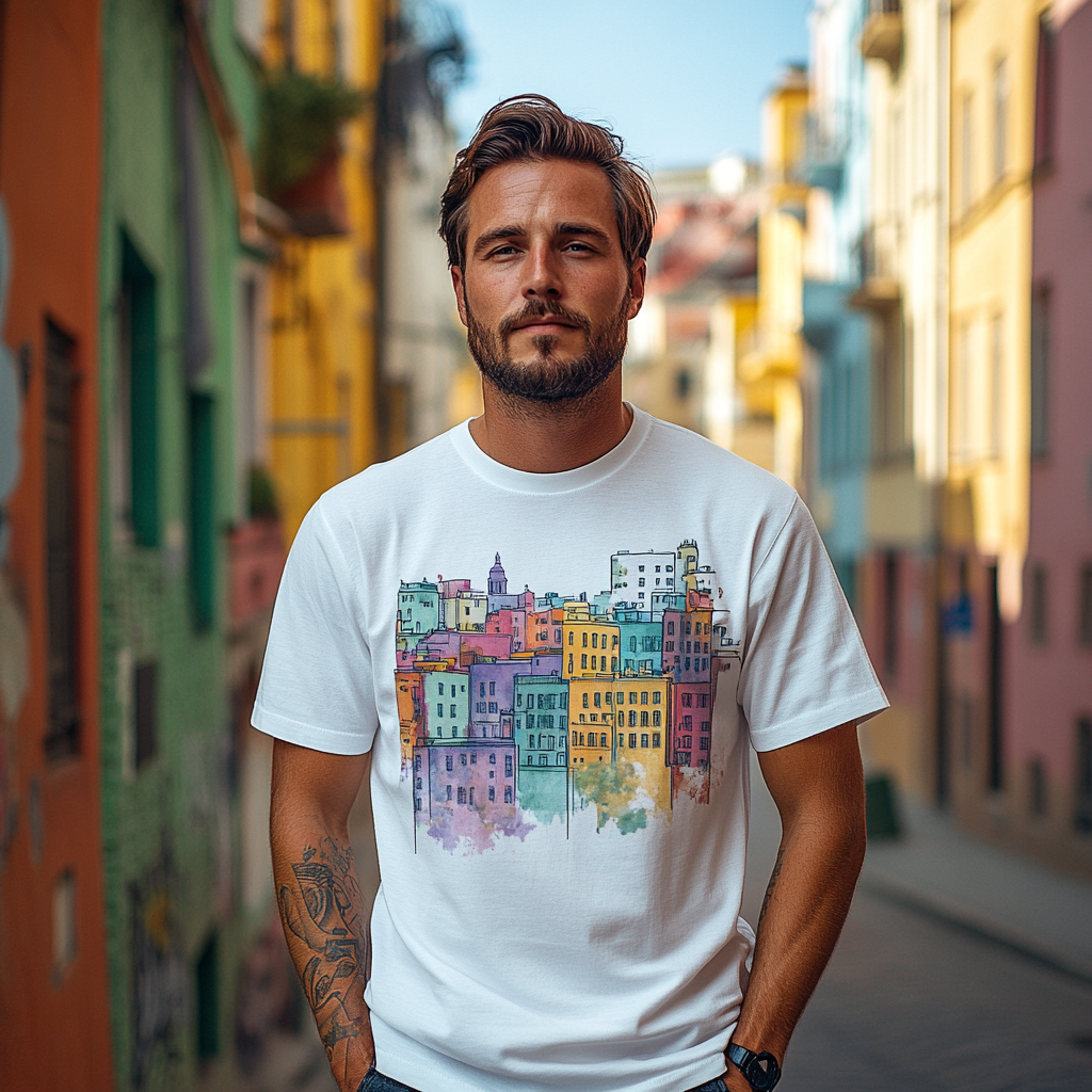 Man in White T-shirt on Urban Street Scene