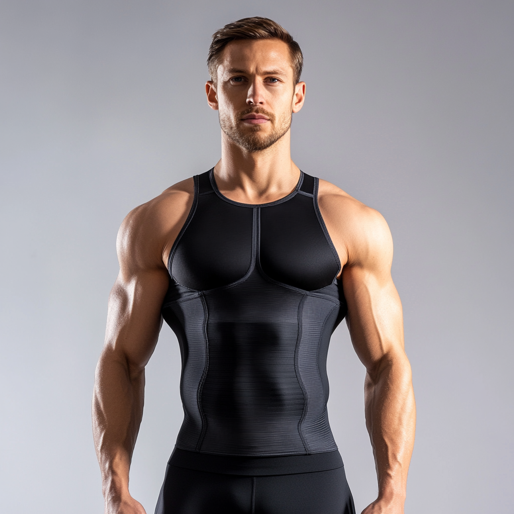 Man in black compression tank, slightly overweight, hunched forward.