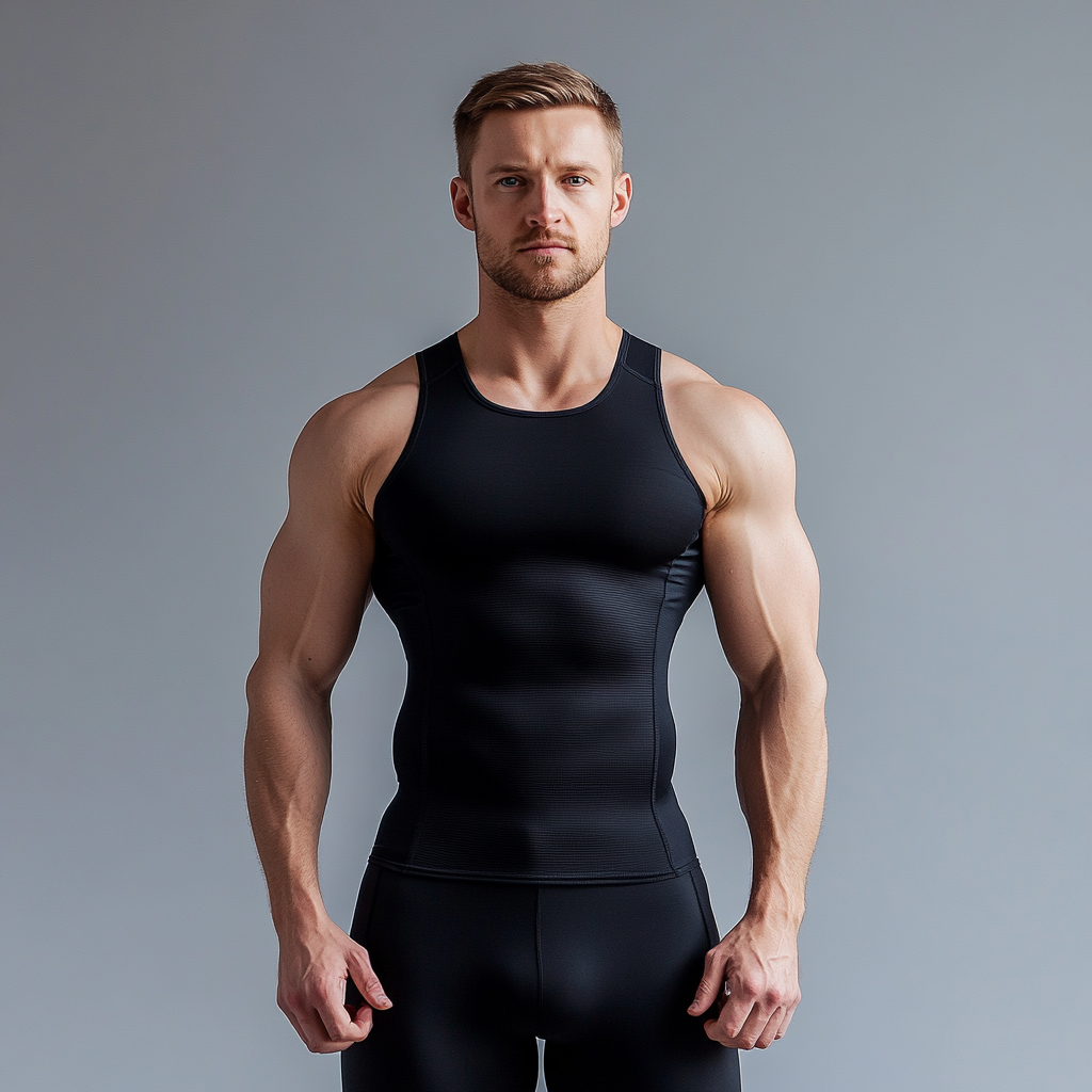 Man in black compression tank top, slightly hunched forward.