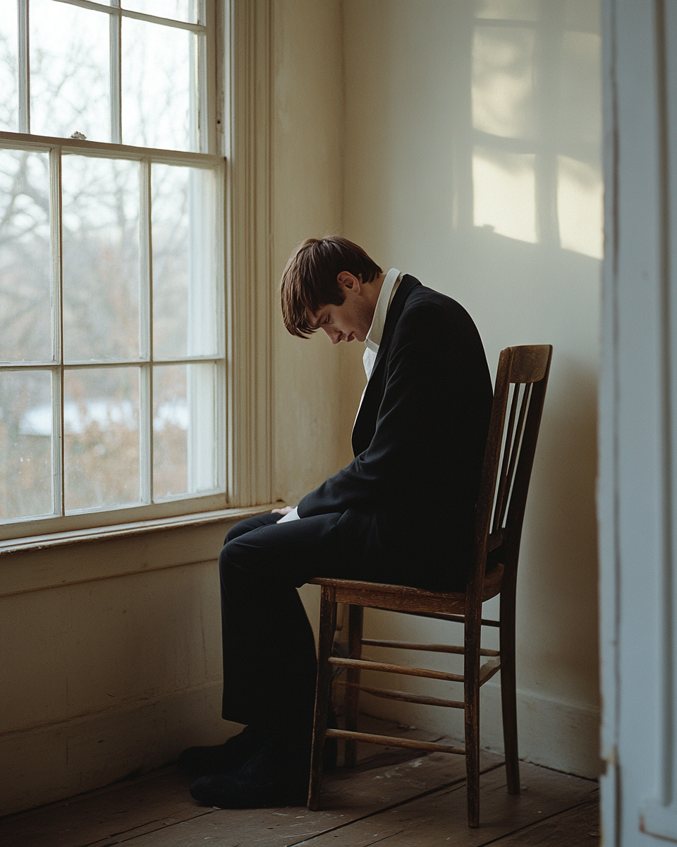 Man in black suit sitting by window in old home.