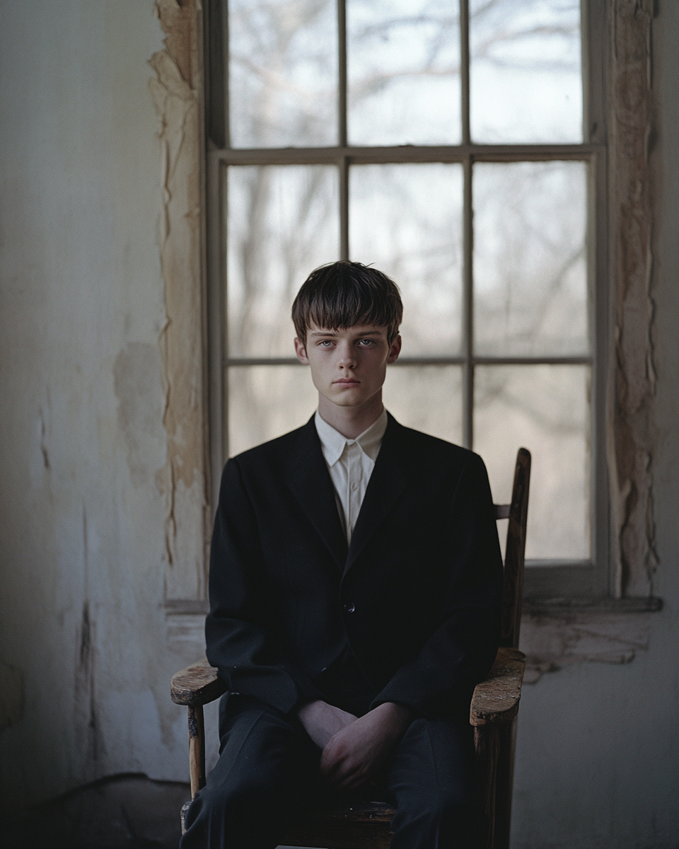 Man in black suit sitting in old home.