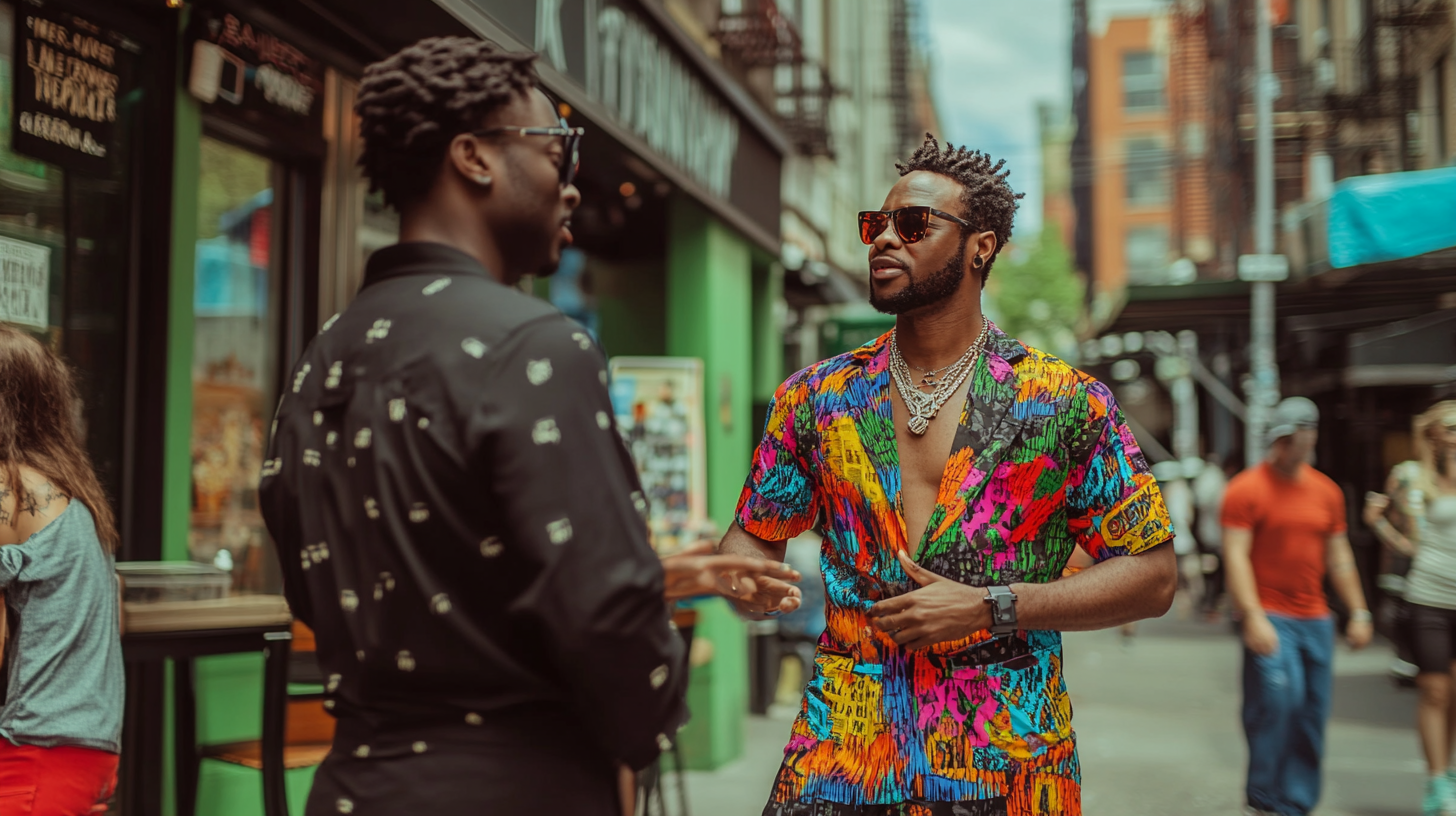 Man in black talks to colorful New York man.