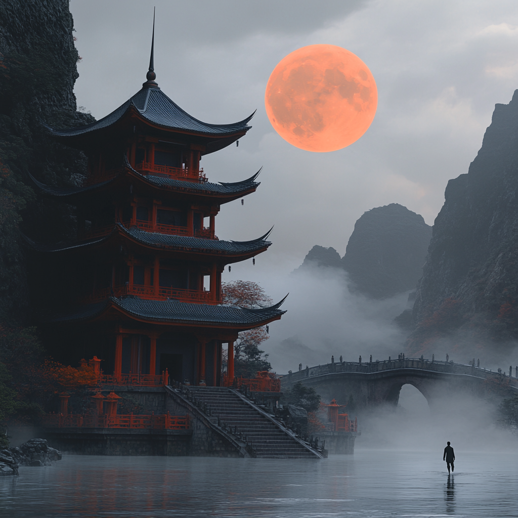 Man in black tights walks to ancient Chinese-style building, surrounded by clouds and mist, orange moon.