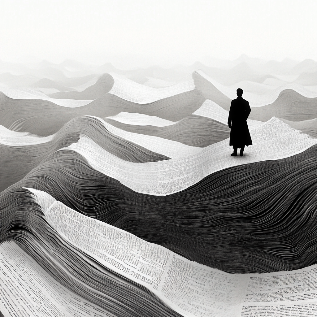 Man in black walking on book pages in desert.