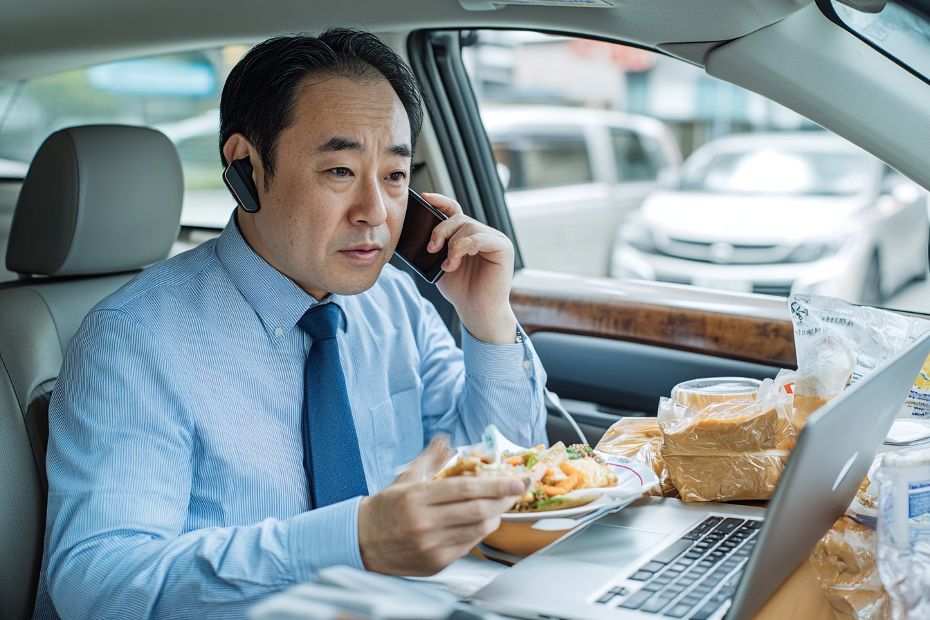 Man in blue shirt talking on phone in car.