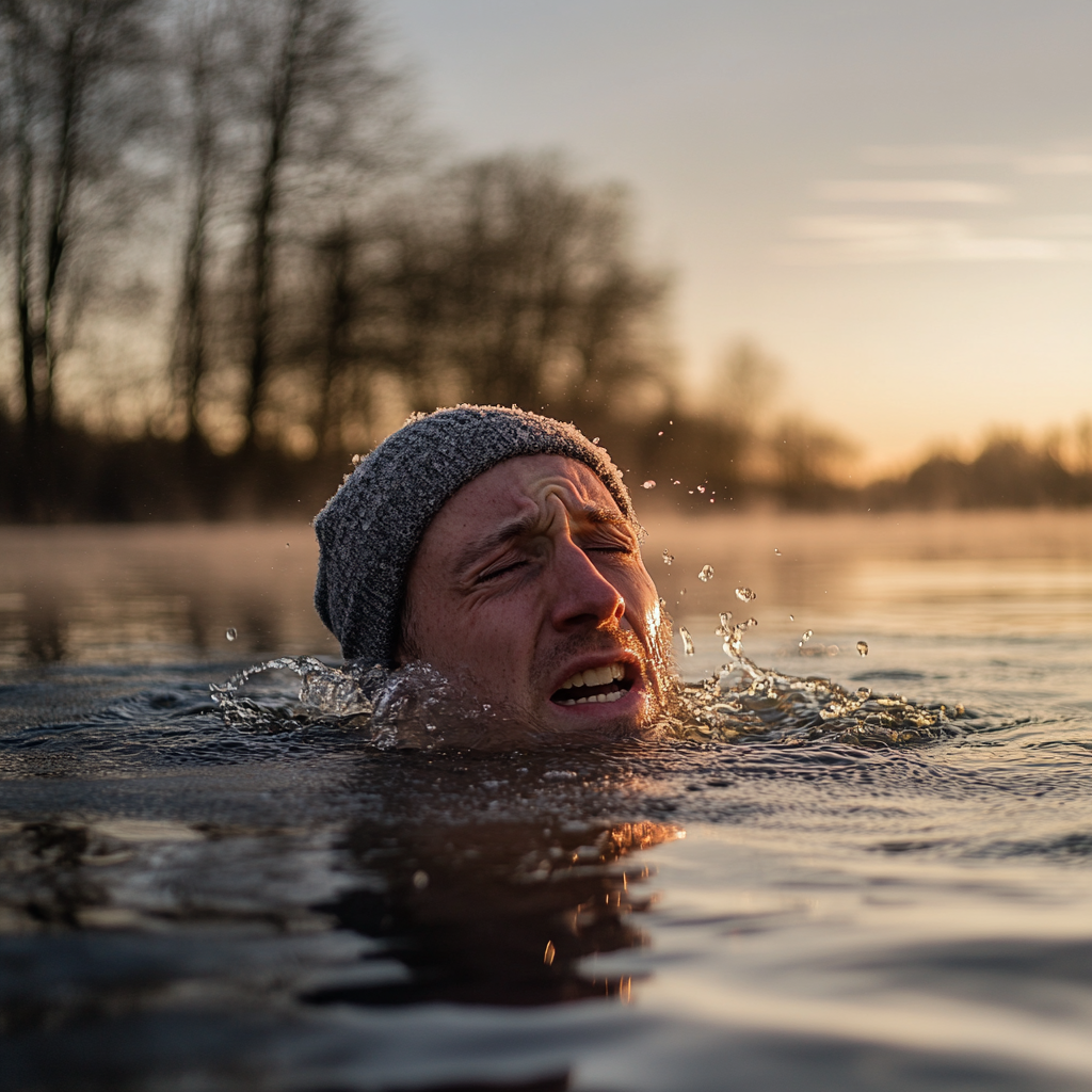 Man in cold lake at sunrise, holding camera.