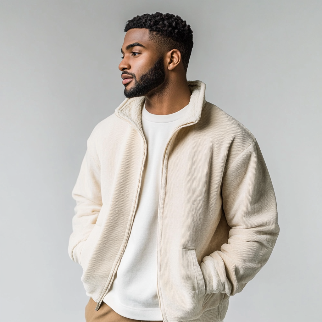 Man in cream corduroy jacket in studio with white background.