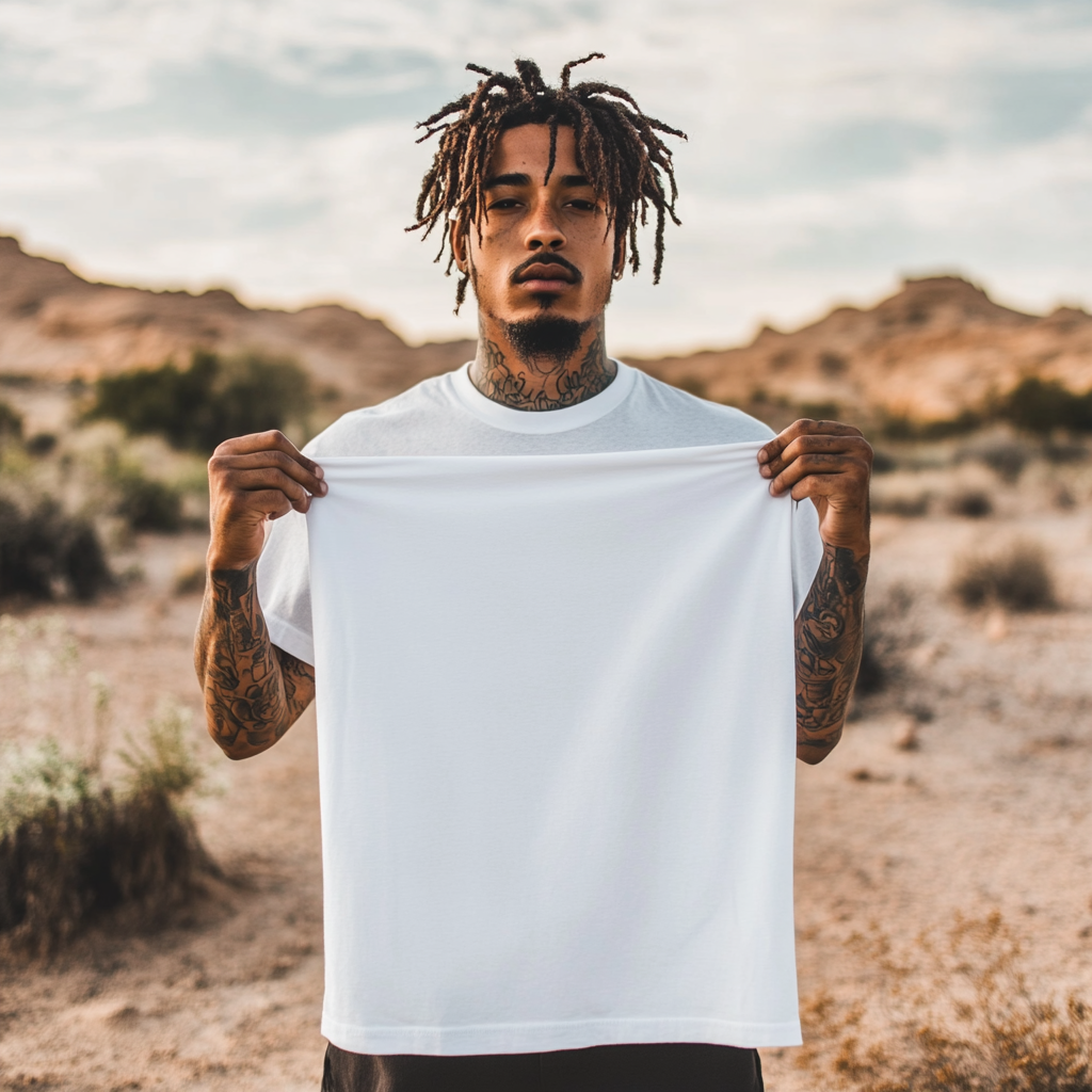 Man in desert holding white t-shirt, serious expression.