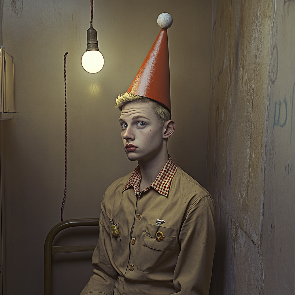 Man in diner uniform and jester hat in room.