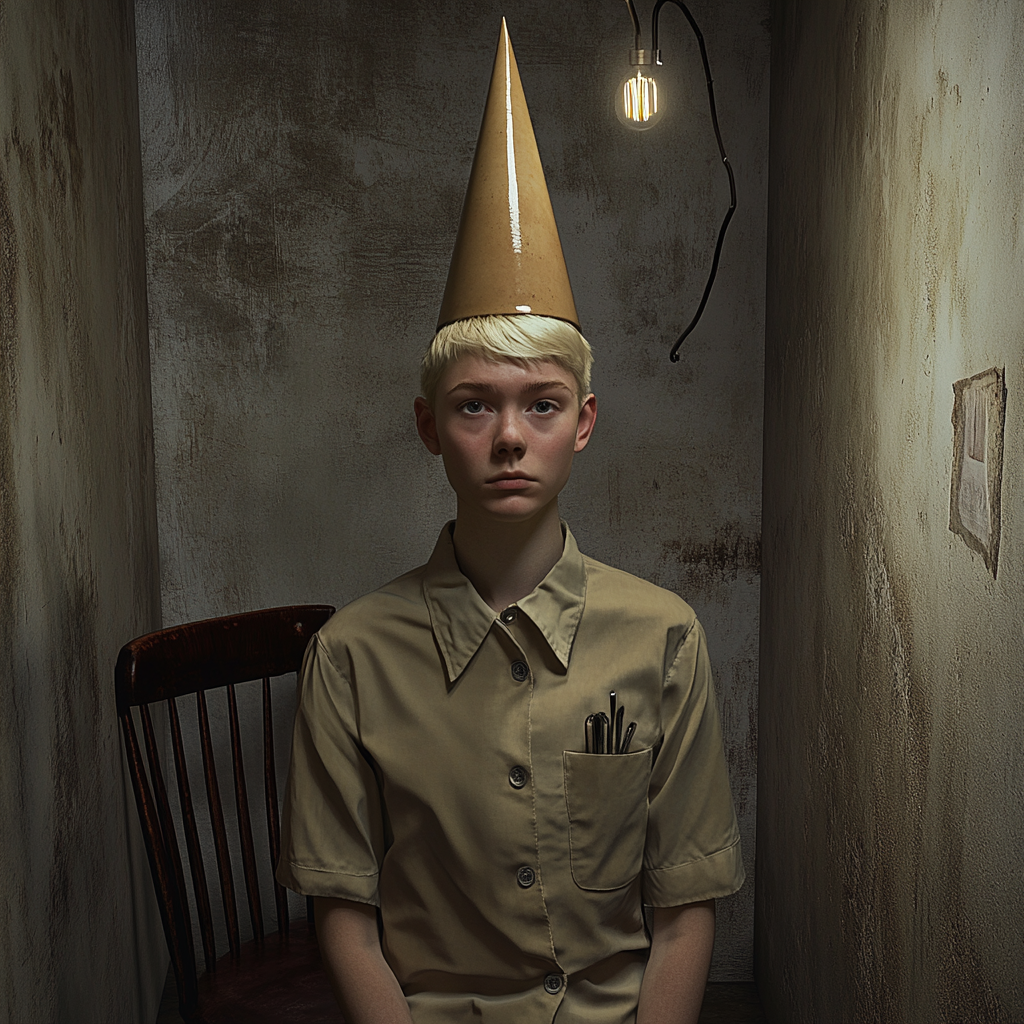 Man in diner uniform and wizard hat, small room.