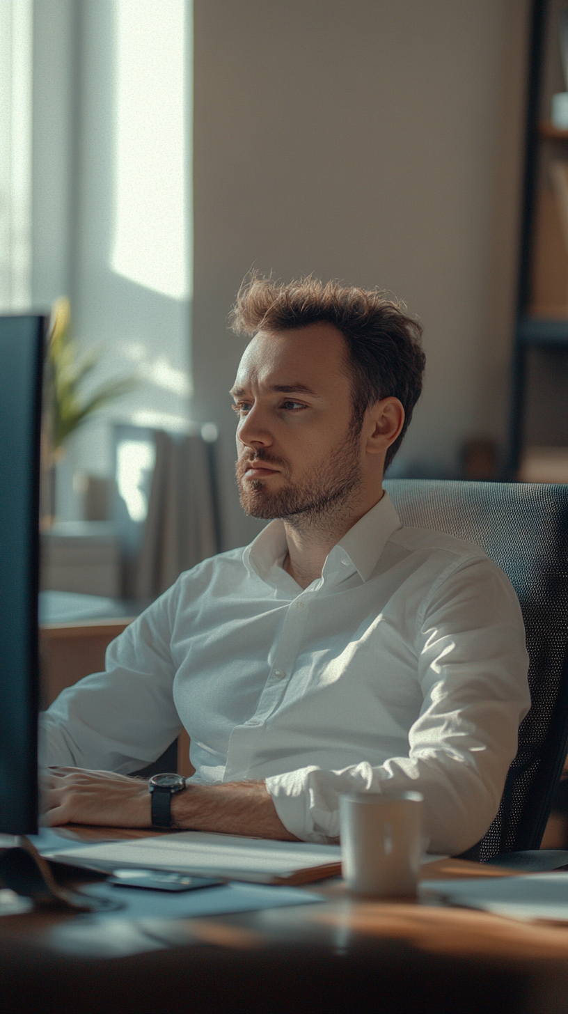 Man in fancy office ignoring blurred people. Captures selfishness impact.